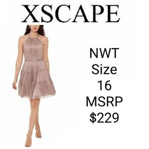 NWT Xscape Women's Sleeveless Halter Mini Dress in Metallic Rose-gold Pink | 16